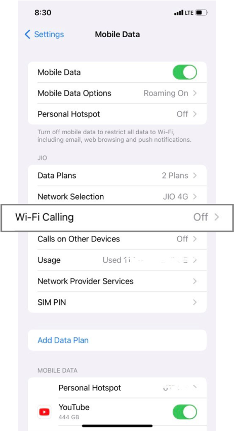 Now tap on Wi-Fi calling in Mobile Data